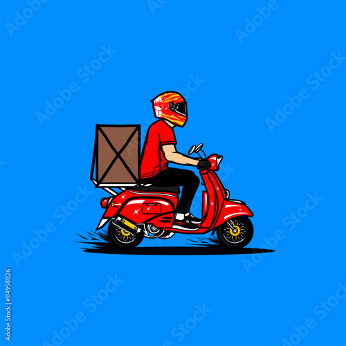 a red motor scooter rider speeding to deliver a cardboard package, side view vector illustration
