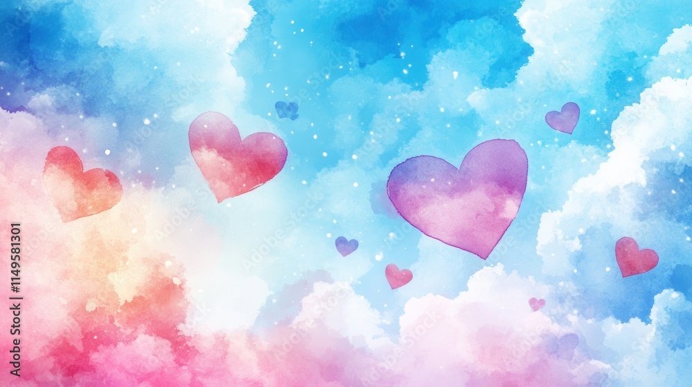 Watercolor Hearts in a Dreamy Sky: A Romantic Valentine's Day Background Watercolor Hearts in a Dreamy Sky: A Romantic Valentine's Day Background