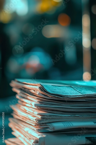 A stack of newspapers, media and news in digital marketing. Vibrant blue hues with a blurred background for depth.