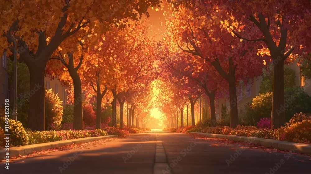 Fototapeta premium Tranquil Street with Glowing Autumn Trees at Sunset