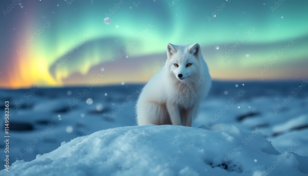 Naklejka premium white wolf sitting on snow with aurora background