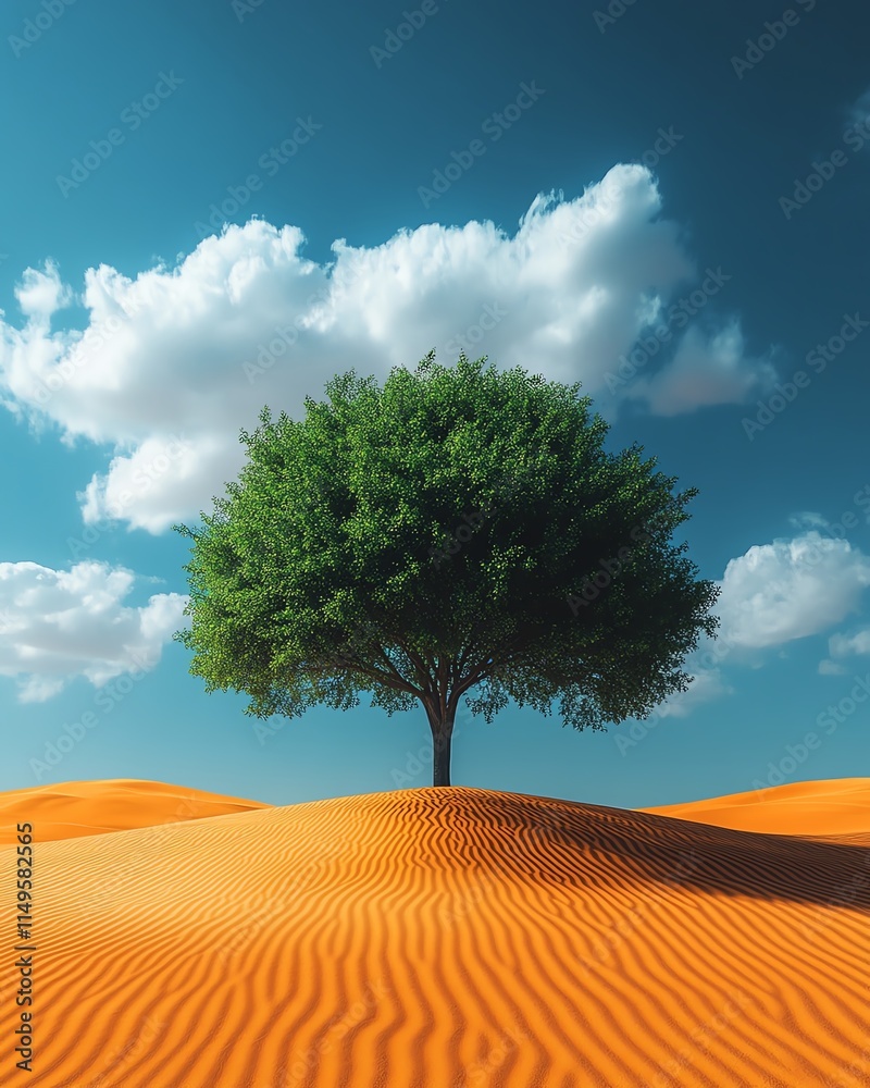 A single resilient green tree surrounded by barren desert dunes, symbolizing hope and the fight against climate change, dramatic atmosphere, 8K A single resilient green tree surrounded by barren desert dunes, symbolizing hope and the fight against climate change, dramatic atmosphere, 8K