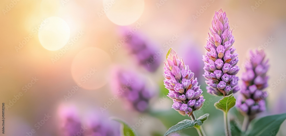 Fototapeta premium Whimsical close up of purple lavender flowers with soft sunlight glow, creating serene atmosphere