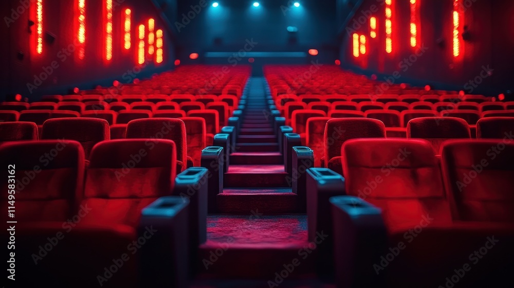 Fototapeta premium Empty red cinema seats in a dark theater. (1)