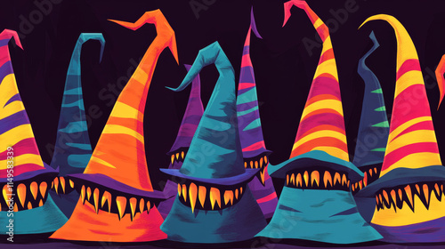Halloween witch hats set isolated on background. Vector cartoon illustration of wizard head accessories decorated with scary teeth, color stripes, creepy sorcerer costume element, merlin outfit design