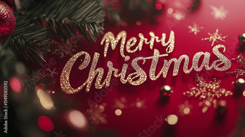 Elegant Merry Christmas Greeting Card with Glittering Text, Sparkling Snowflakes, and Festive Red Background – High-Resolution 4K Design for Holiday Joy and Professional Celebrations