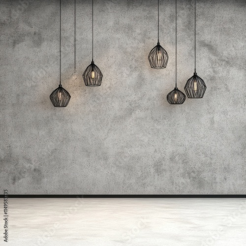 Modern Concrete Stucco Room with Hanging Lamps - 3D Rendered Interior Background