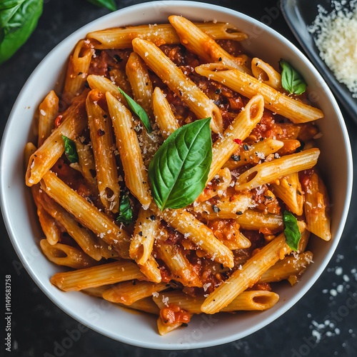 A classic and flavorful penne arrabbiata with spicy tomato sauce, garlic, and red chili flakes photo