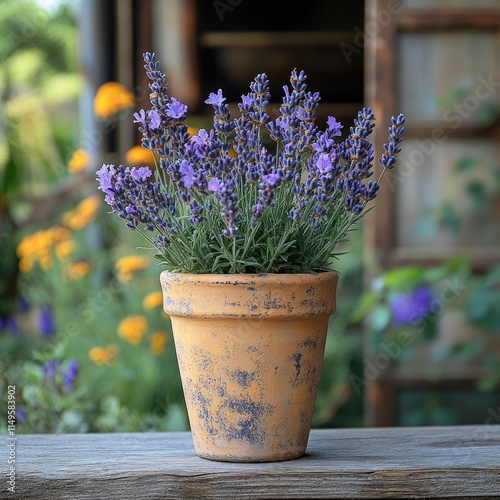 Small terracotta pot with a vibrant lavender plant, in a garden setting.