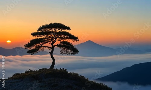 Solitary Pine Tree Silhouetted Against a Sunrise Over Mount Fuji and Clouds photo