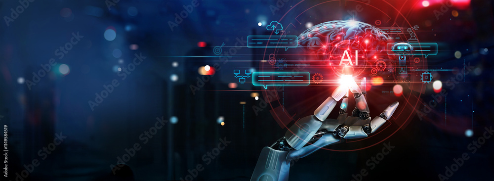 Fototapeta premium AI, Machine learning, Hand of robot touch on big data network, Brain data creative AI, Data exchange, Chatbot, Science and artificial intelligence technology, innovation for futuristic.