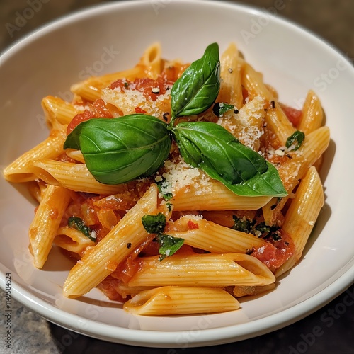 A classic and flavorful penne arrabbiata with spicy tomato sauce, garlic, and red chili flakes photo