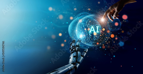 .AI, Machine learning, Hand of robot and human touching on big data network connection, Artificial intelligence use for efficiency data analysis and enhanced work,Science and innovation for futuristic photo