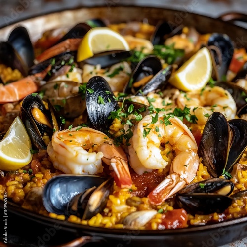 A classic and flavorful seafood paella with shrimp, mussels, and clams photo