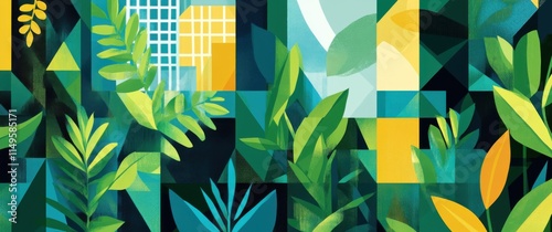 A flat illustration of the Amazon rainforest with triangles and squares in shades of green, blue, yellow, blending into each other. 