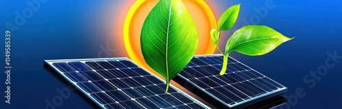 Solar Energy: Photovoltaic Panel with Sun and Leaves
