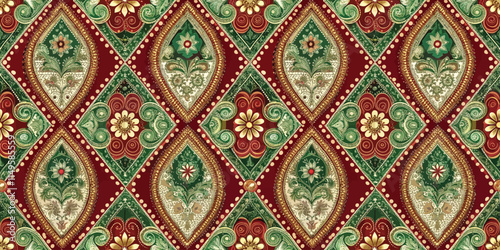 Colorful patterned fabric featuring floral designs in red, green, and gold.