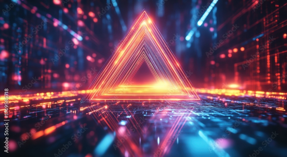 Fototapeta premium A futuristic digital background with neon lights and an abstract triangular shape, representing the idea of artificial intelligence in technology.