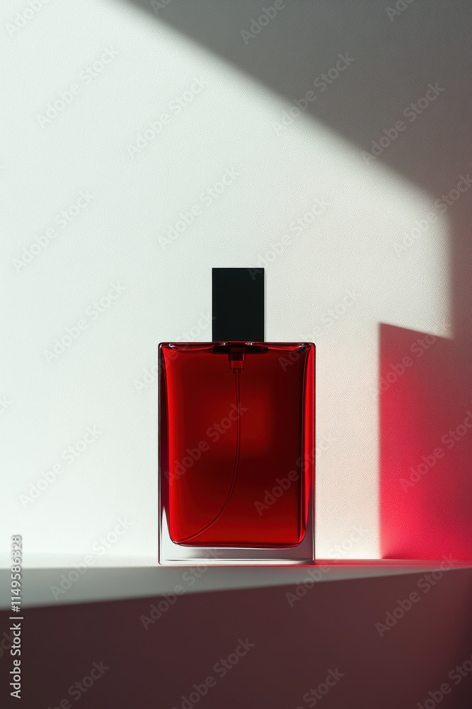 Elegant red perfume bottle casting a long shadow on a minimalist white surface, illuminated by dramatic lighting. Elegant red perfume bottle casting a long shadow on a minimalist white surface, illuminated by dramatic lighting.