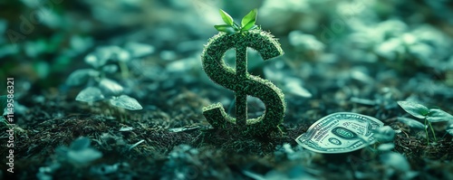 Business startup with green seedling growing into dollar shape, representing financial success and environmental consciousness photo