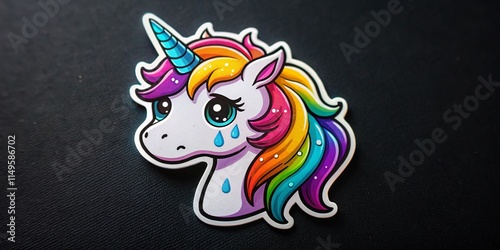 Sad Unicorn Sticker, Crying Unicorn Vinyl Decal, Black Background, Isolated Cute Fantasy Animal Illustration photo