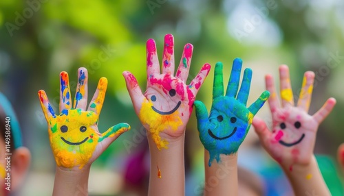 A group of hands with colorful paint on them, each hand holding up their palm and smiling face painted in the middle of it. 