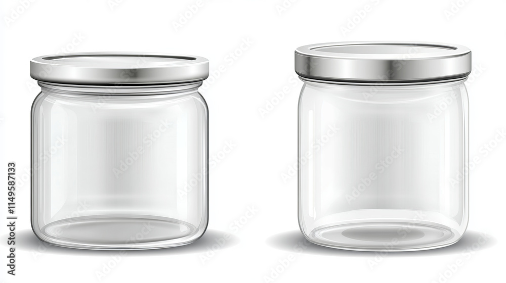 Empty glass jar with screw and metal lid. Realistic vector illustration set of transparent clear open and close with silver cap container for food storage and canning. Blank kitchen package mockup. Empty glass jar with screw and metal lid. Realistic vector illustration set of transparent clear open and close with silver cap container for food storage and canning. Blank kitchen package mockup.