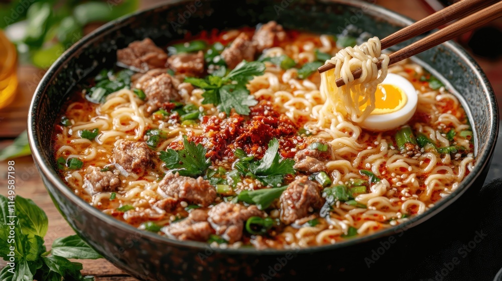 Spicy beef ramen noodles with soft boiled egg in a dark bowl. Spicy beef ramen noodles with soft boiled egg in a dark bowl.