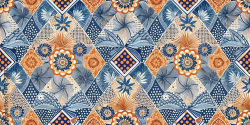 Colorful floral pattern with blue and orange intricate designs.