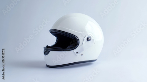 Motorcycle and scooter helmet for head protection. Realistic 3d vector illustration set of white biker safety hat side and front view. Simple retro open face safety headwear helm with belt mockup. photo