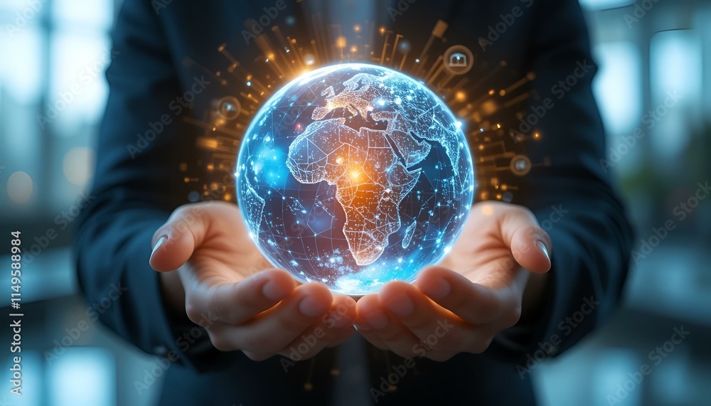 Fototapeta premium Businessman holding glowing digital globe with map in hands symbolizing innovation