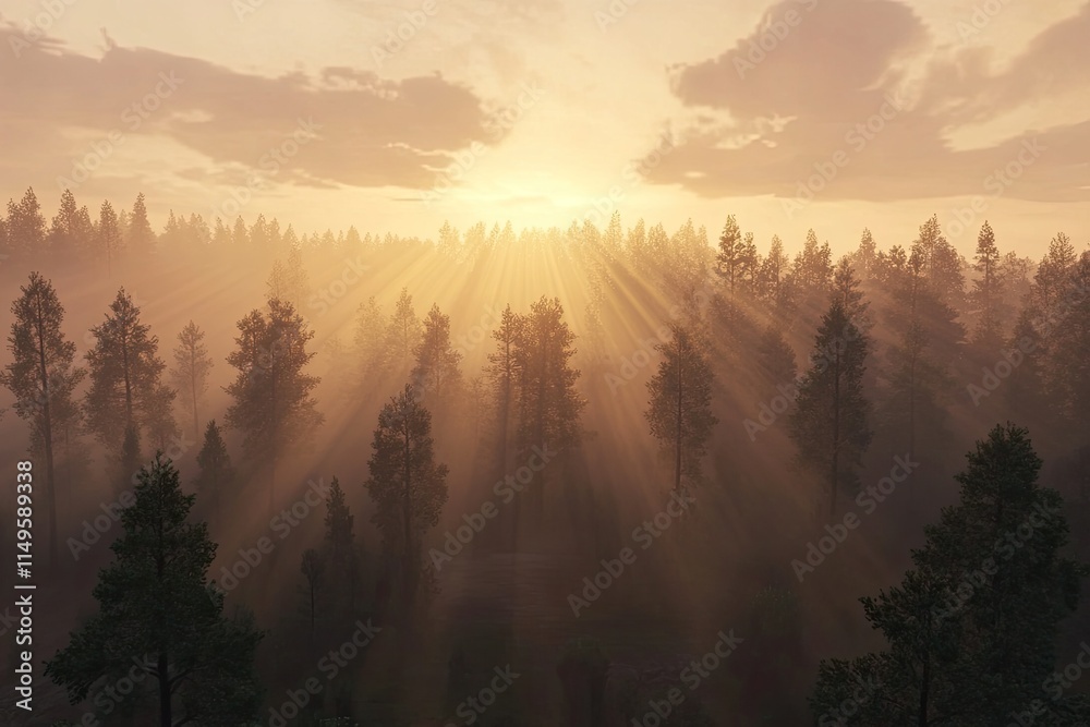Sunlight Streaming Through Dense Forest Trees Creating a Serene and Mystical Atmosphere in a Lush Green Woodland Sunlight Streaming Through Dense Forest Trees Creating a Serene and Mystical Atmosphere in a Lush Green Woodland