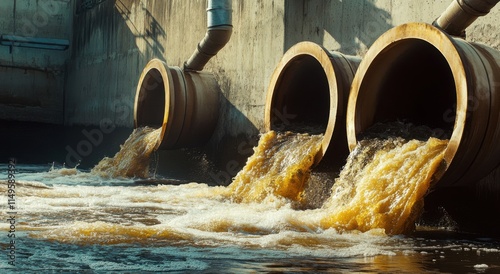 A magnificent shot of water pouring out from three large pipes into the river, showing dirty brown and yellow sludge in their walls. 