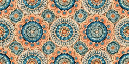 Intricate floral pattern with blue and peach tones on a cream background.