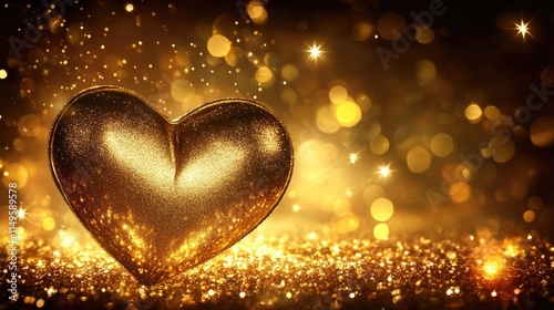 Golden heart giftbox and paper card on soft velvet fabric, with a starry glitter background for added elegance.