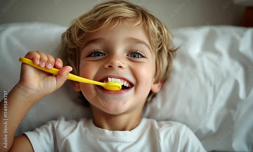 A cheerful young boy with blond hair happily brushing his teeth. A cheerful young boy with blond hair happily brushing his teeth.