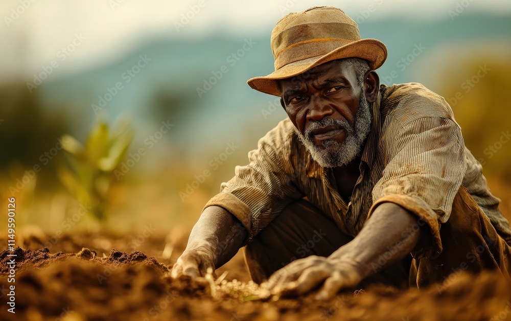 A Portrait of Resilience: An Elderly Farmer Tending His Land Under the Warm African Sun A Portrait of Resilience: An Elderly Farmer Tending His Land Under the Warm African Sun