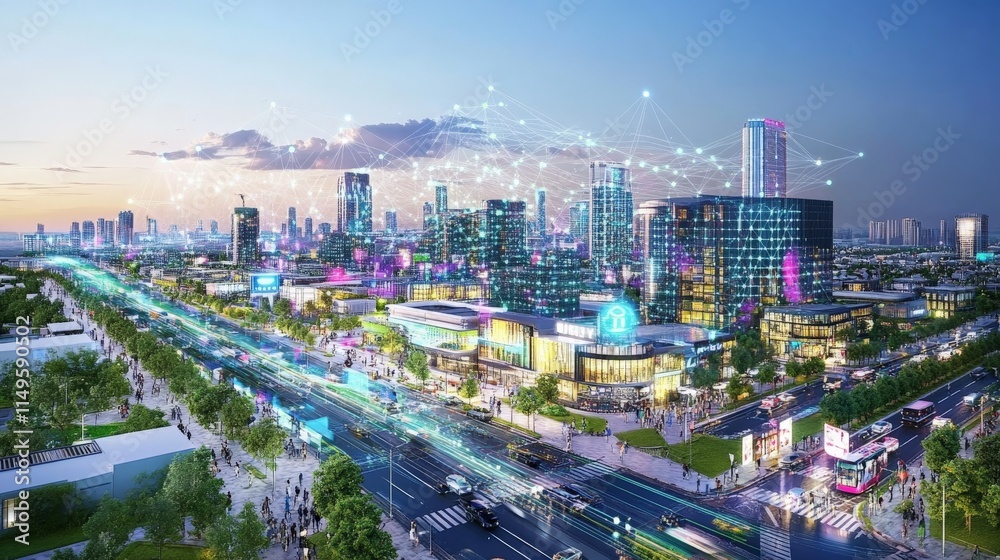 Fototapeta premium Futuristic City Visualization with Flowing Connections