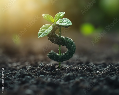 Green seedling plant shaped like a dollar symbol, representing a new business venture, ecofriendly startup growth photo