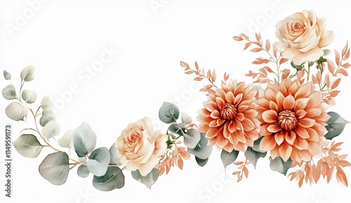 Watercolor Peach Dahlia Rose Eucalyptus Floral Arrangement