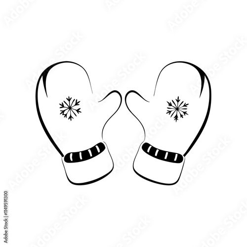 black line drawing of mittens with snowflake design on transparent background