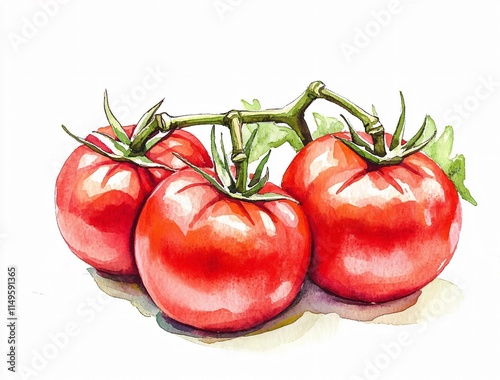 Vibrant Watercolor Painting of Three Red Tomatoes on Vine