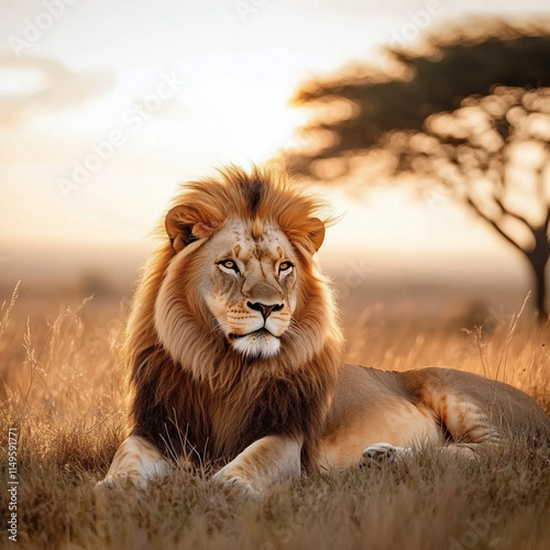 Majestic Serenity: Golden Lion Lying on the Savannah with Acacia Trees
