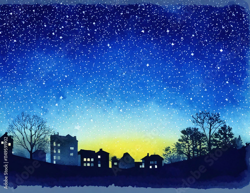 은하수 가득한 밤하늘 지평선 건물 실루엣 풍경