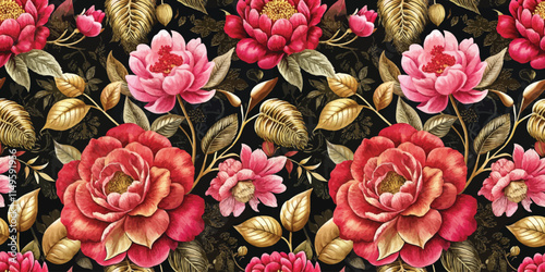 A vibrant floral pattern featuring bold red and pink flowers on a dark background.