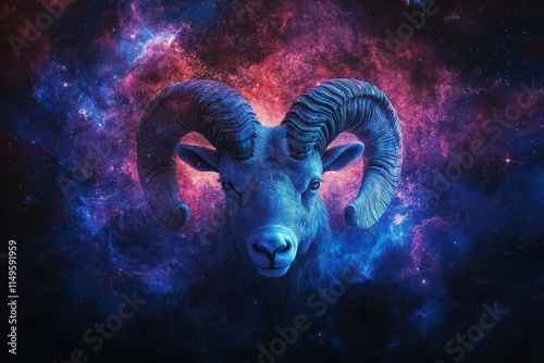 Aries zodiac sign set against a cosmic nebula  a symbol of astrology and esoteric fortune telling photo