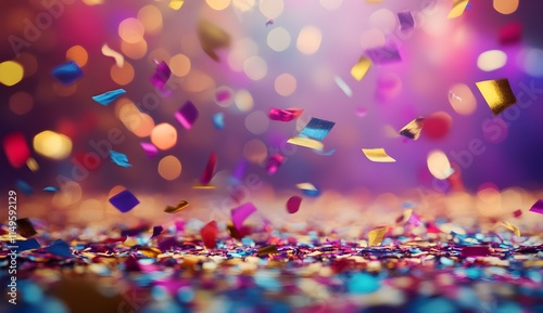 Confetti falling on the floor, colorful confetti flying in the background. 