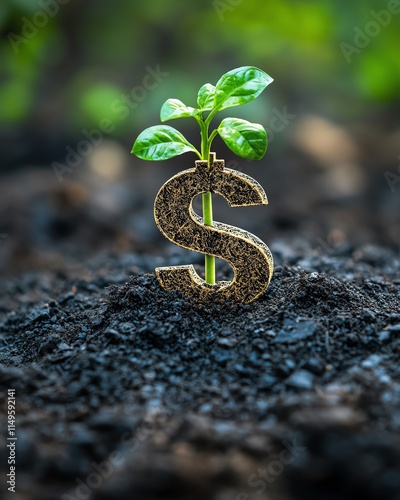 New business venture concept, green seedling growing into dollar shape, ecofriendly startup, vibrant nature theme photo