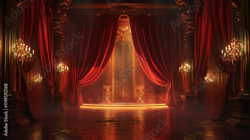 Luxurious red velvet curtains stage in a grand hall.