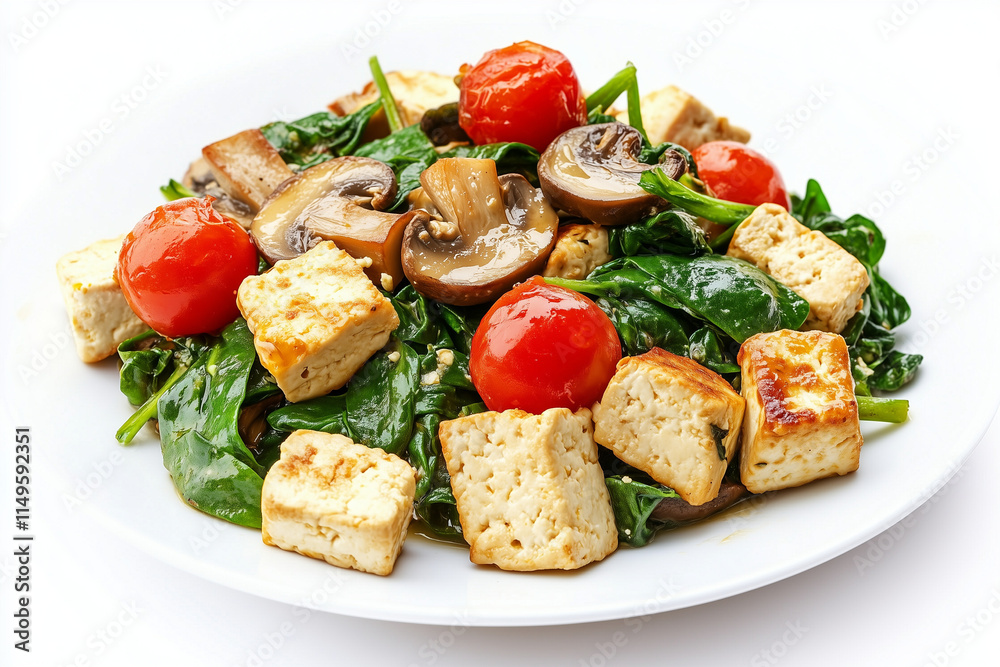 A white plate with tofu, spinach, mushrooms, and tomatoes, breakfast ideas A white plate with tofu, spinach, mushrooms, and tomatoes, breakfast ideas